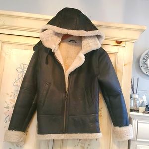 Leather Sheepskin Bomber Motorcycle Jacket xs Brown